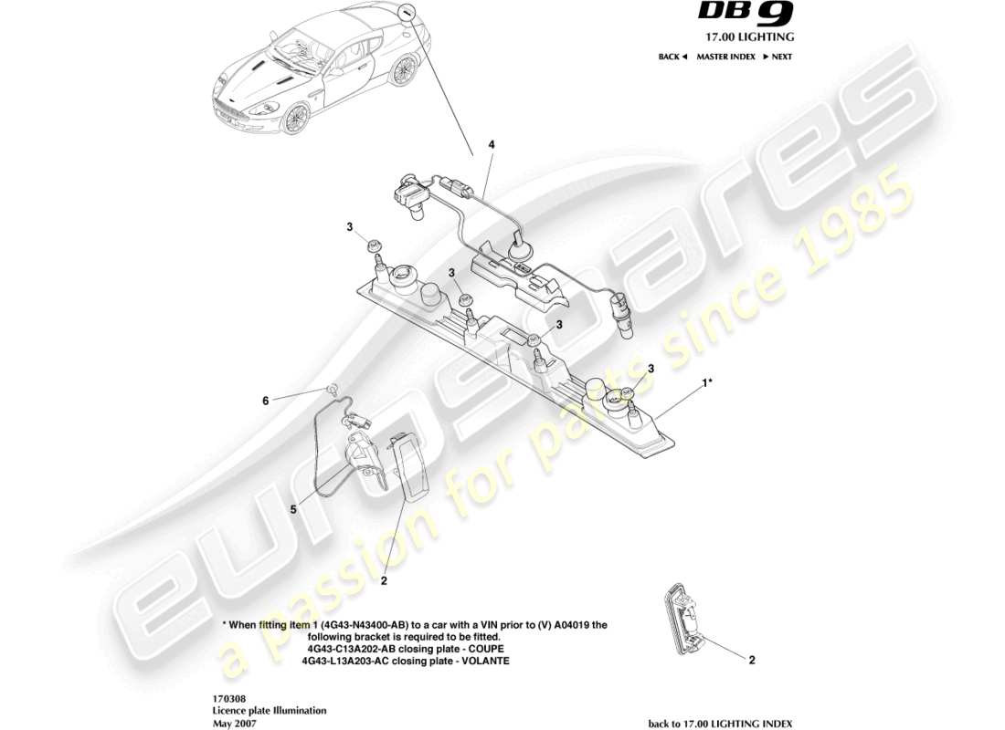 un schéma de pièces du catalogue de pièces aston martin db9 (2009)