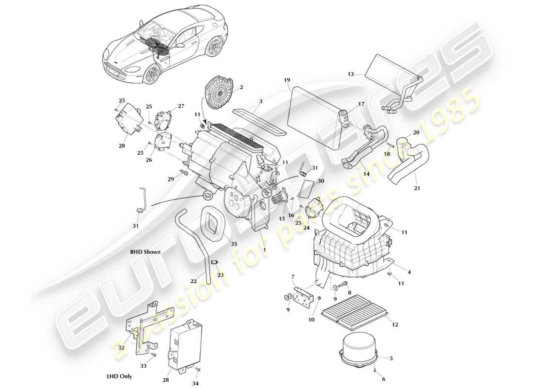 aston martin v8 vantage (2007) schéma des pièces de l'évaporateur et du chauffage