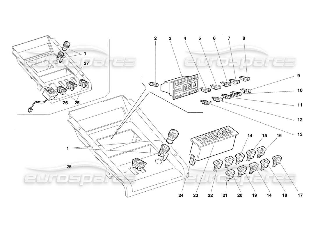 lamborghini diablo sv (1998) diagramme des pièces des instruments du panneau de tunnel