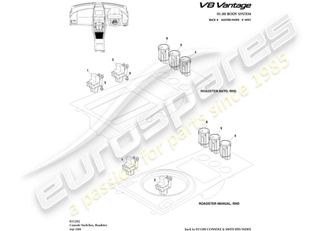 aston martin v8 vantage (2008) commutateurs de console, diagramme de pièce du roadster