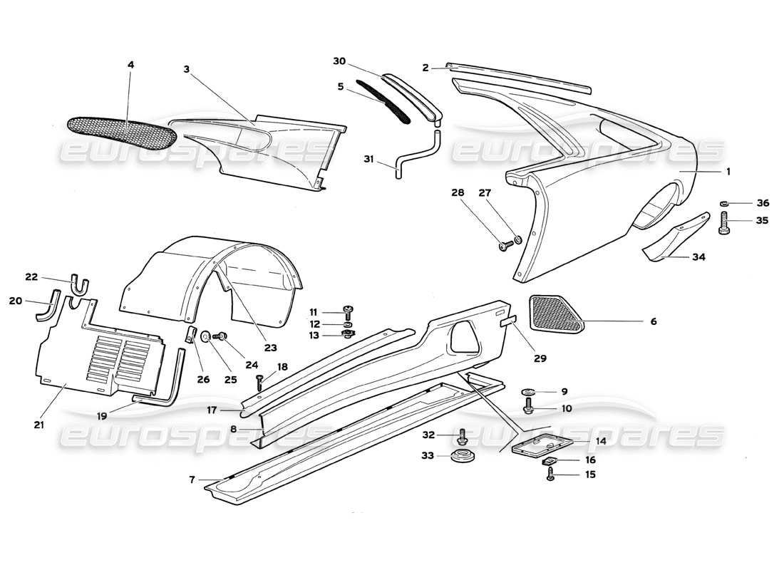 lamborghini diablo gt (1999) éléments de carrosserie - diagramme des pièces du flanc gauche