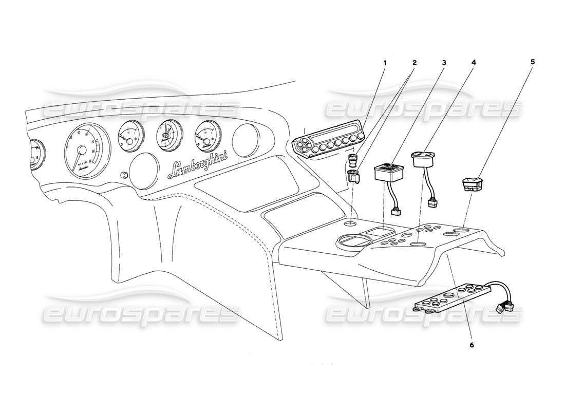 lamborghini diablo 6.0 (2001) diagramme des pièces des instruments du panneau de tunnel