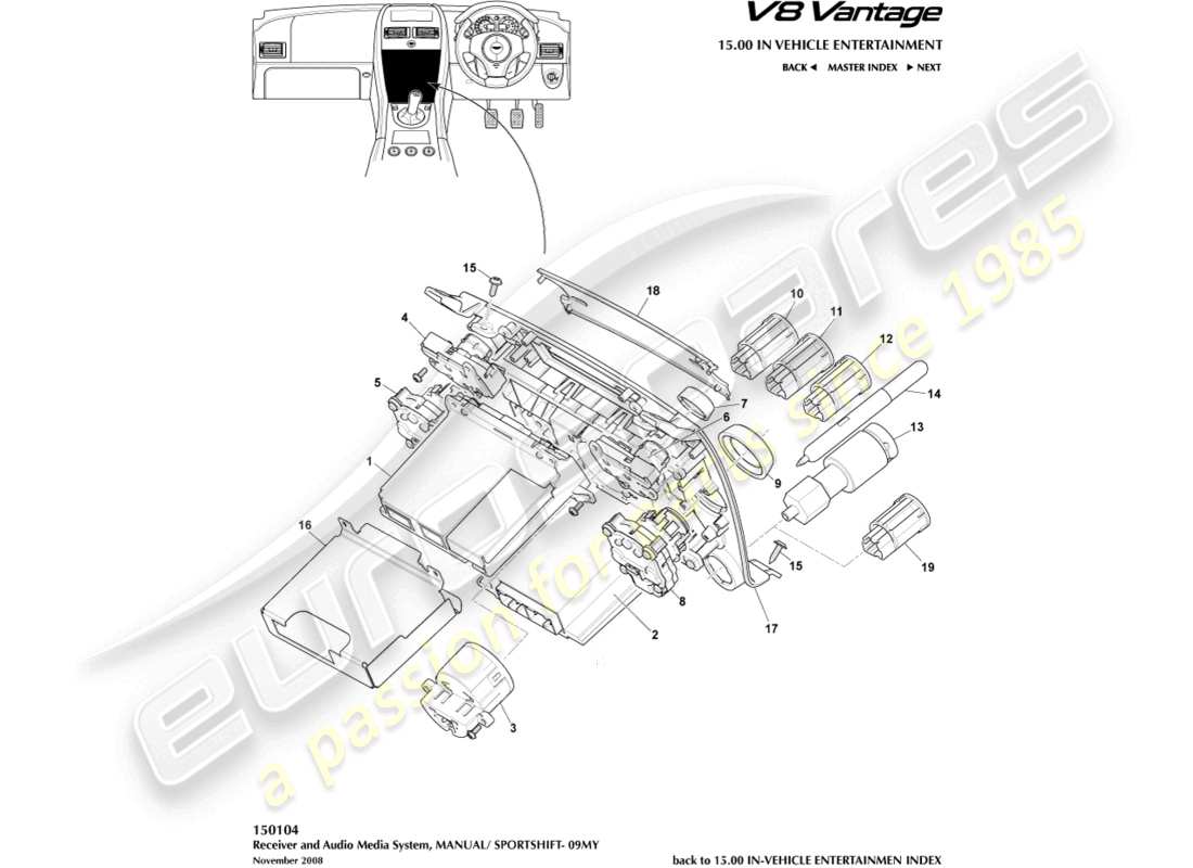 aston martin v8 vantage (2008) commandes multimédias, diagramme de pièces 09my