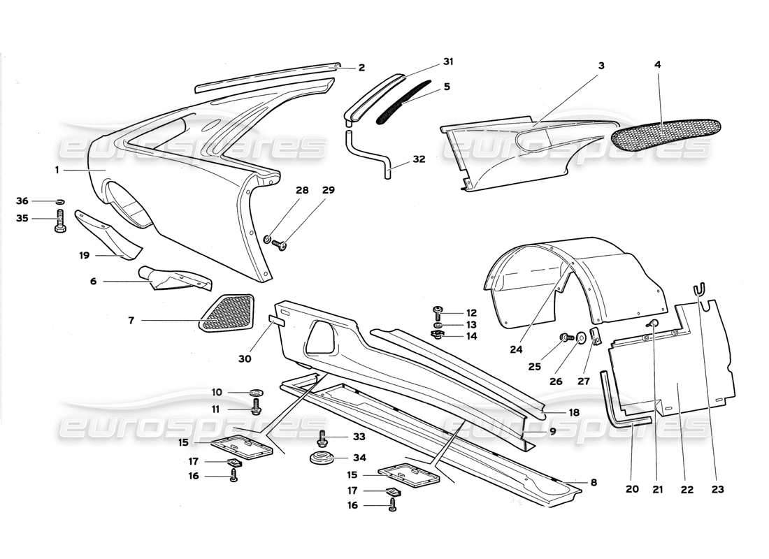 lamborghini diablo gt (1999) schéma des pièces des panneaux de plancher de cadre