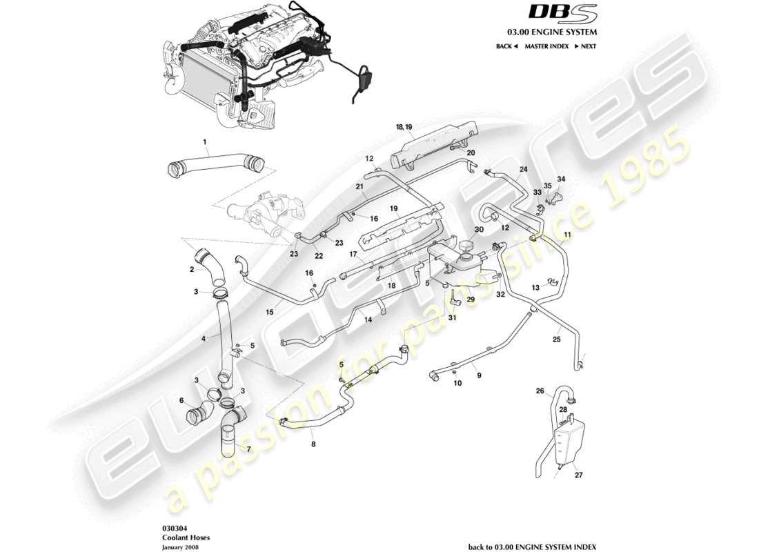 aston martin dbs (2012) tuyaux et réservoir de liquide de refroidissement schéma des pièces