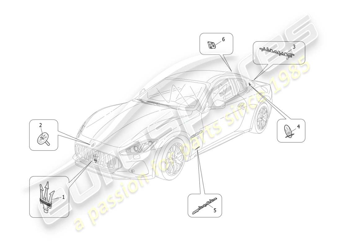 maserati granturismo s (2019) diagramme des pièces des garnitures, marques et symboles