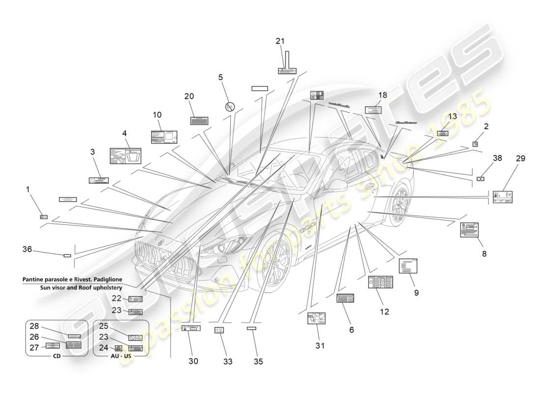 maserati granturismo s (2019) diagramme de pièces d'autocollants et d'étiquettes