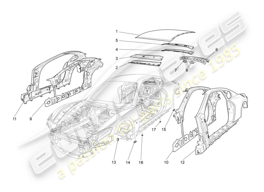 maserati granturismo s (2014) schéma des pièces de la carrosserie et des panneaux de garniture extérieurs centraux