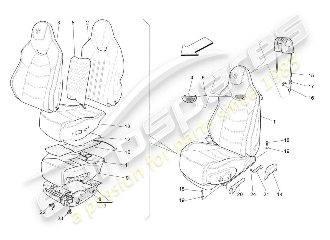 maserati granturismo s (2016) sièges avant : diagramme de pièces des panneaux de garniture