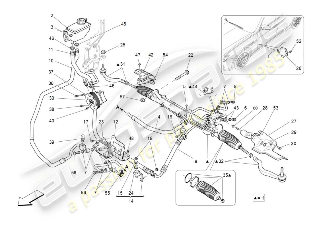 maserati qtp 3.0 bt v6 410hp (2014) unité complète de crémaillère de direction schéma des pièces