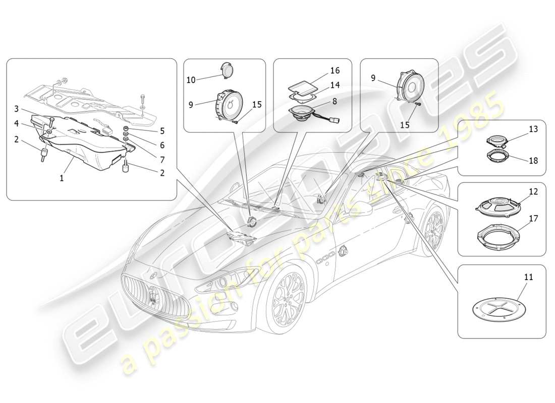 maserati granturismo s (2014) système de diffusion sonore schéma des pièces