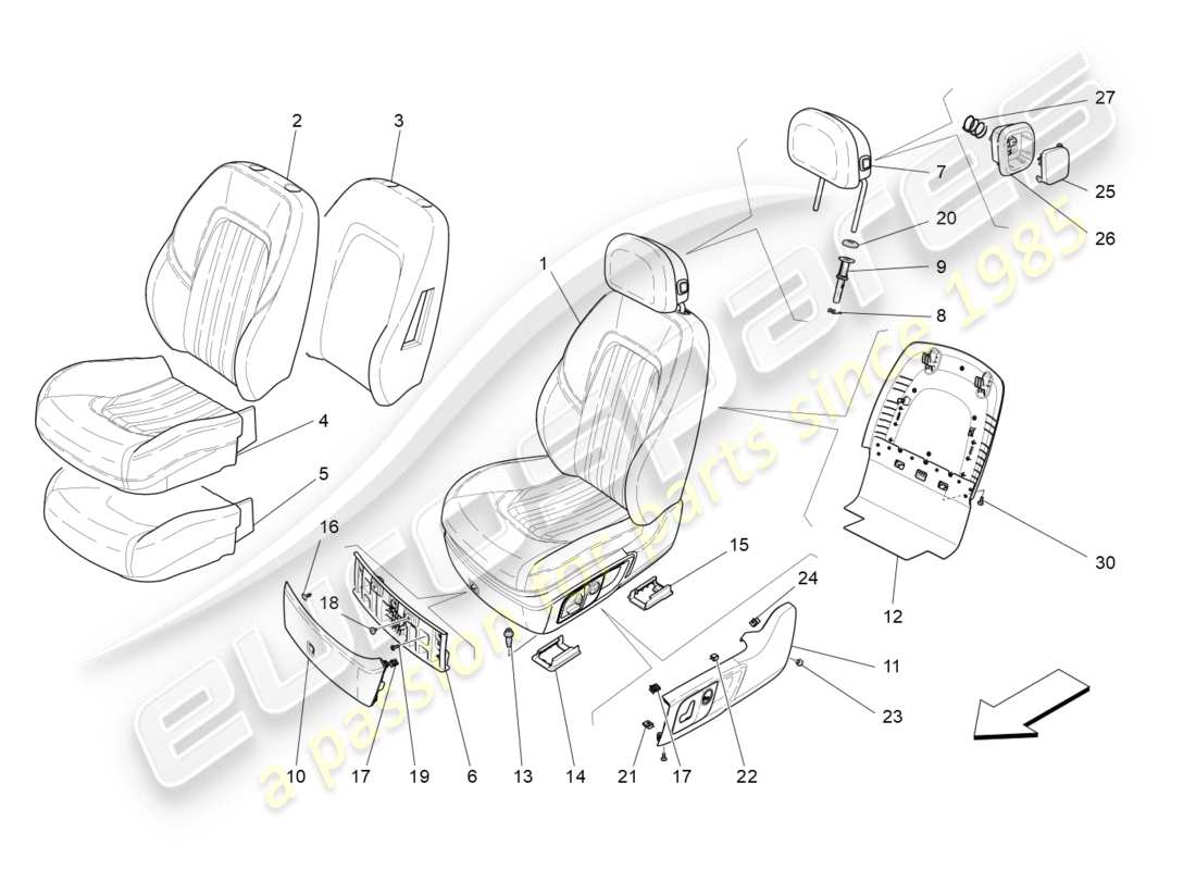 maserati qtp 3.0 bt v6 410hp (2014) sièges avant : diagramme de pièces des panneaux de garniture