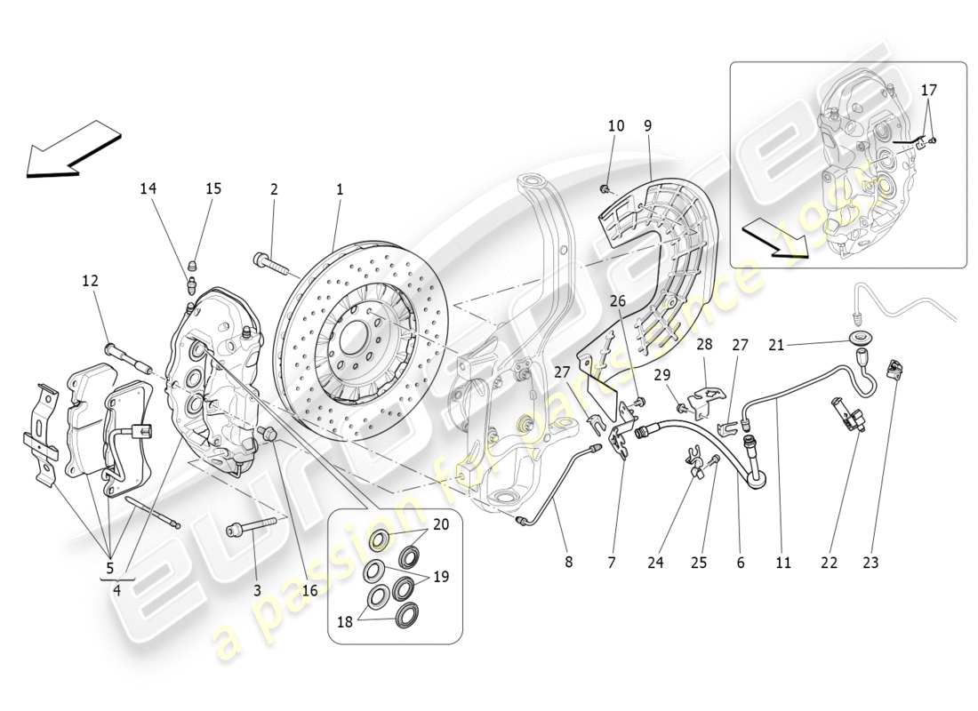 maserati qtp 3.0 bt v6 410hp (2014) schéma des pièces des dispositifs de freinage sur les roues avant