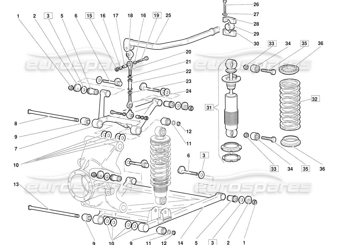 lamborghini diablo (1991) suspension arrière (valable pour la version du 1992 juin) schéma des pièces