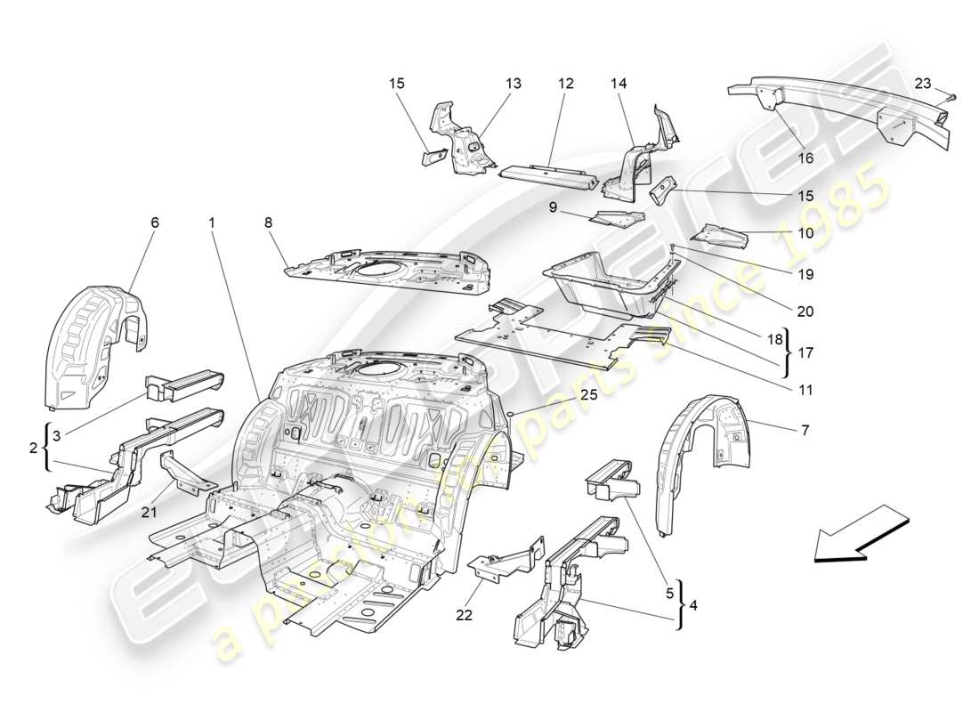 maserati granturismo s (2019) schéma des pièces des cadres structurels arrière et des panneaux en tôle