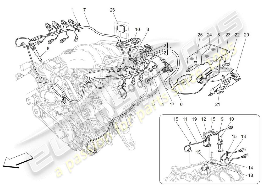 maserati granturismo (2009) commande électronique : diagramme des pièces de commande d'injection et de synchronisation du moteur