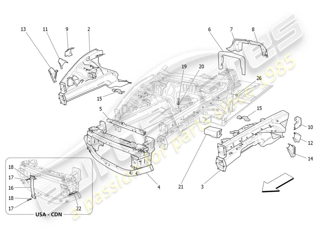 maserati granturismo (2008) cadres structurels avant et panneaux en tôle schéma des pièces