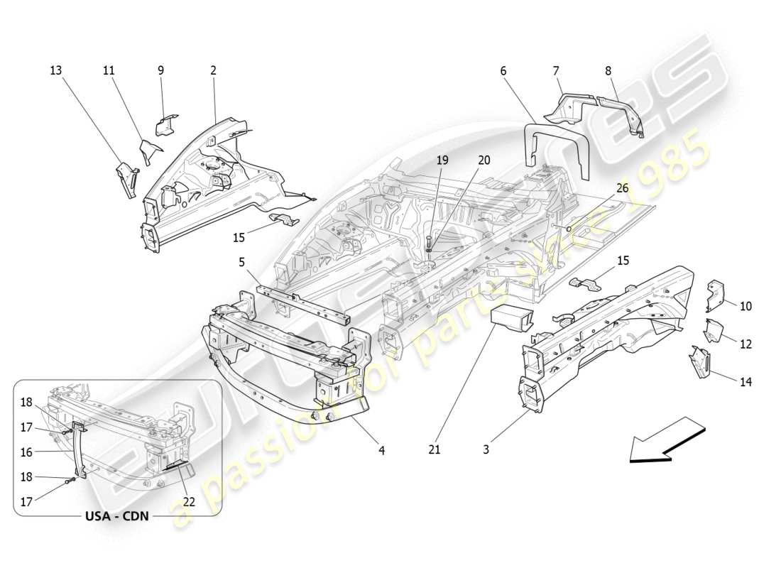 maserati granturismo (2008) schéma des pièces des cadres structurels avant et des panneaux en tôle