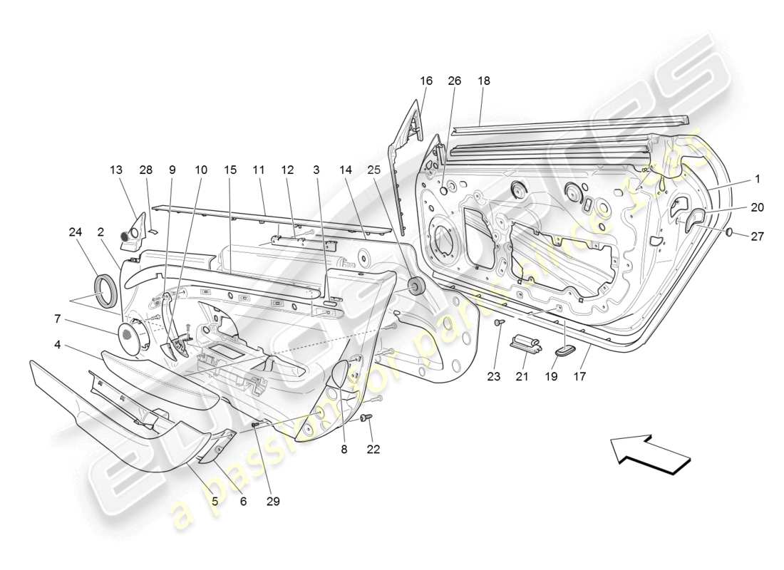 maserati granturismo (2008) portes avant : diagramme de pièces des panneaux de garniture