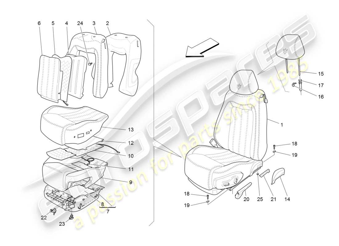 maserati granturismo (2008) sièges avant : diagramme de pièces des panneaux de garniture