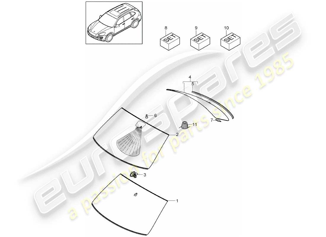 porsche 2011 (cayenne e2 92a) lunettes de fenêtre schéma des pièces