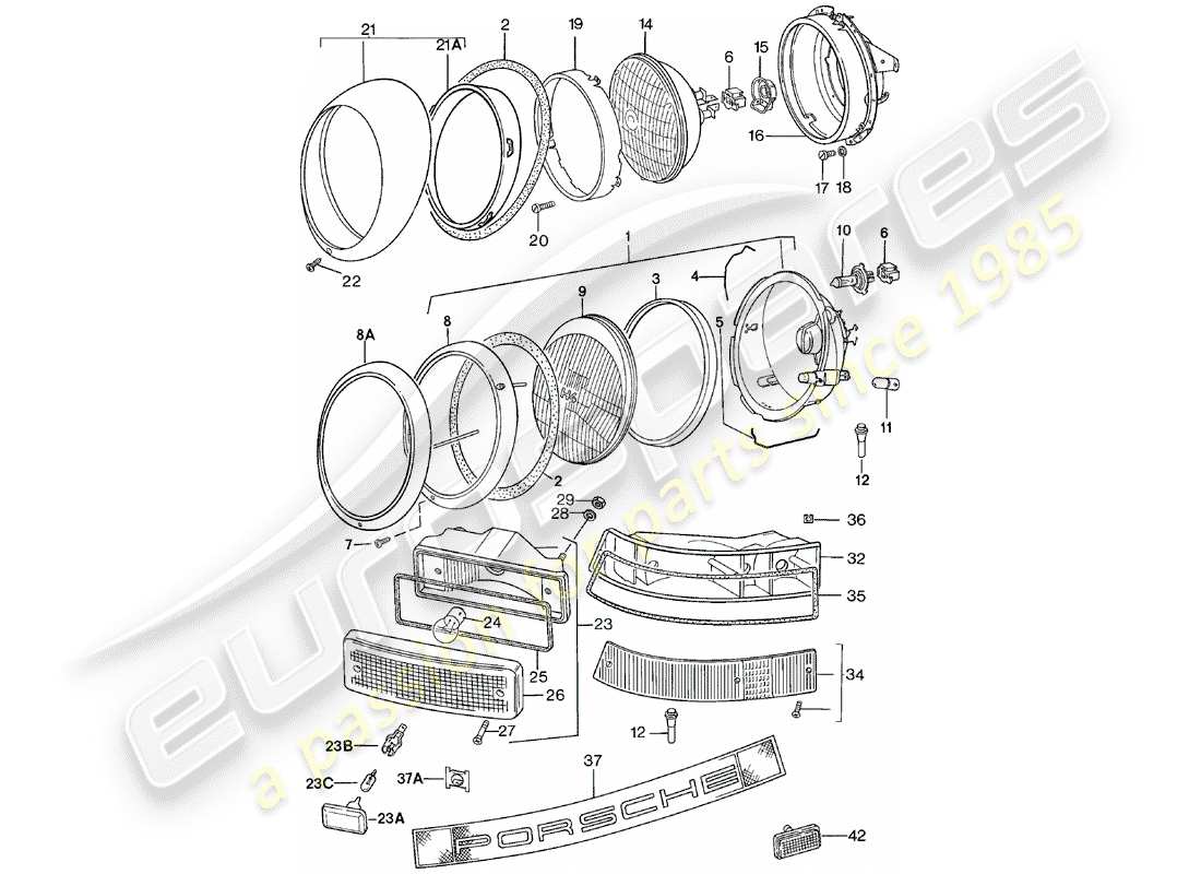 porsche 1982 (911) lampe frontale - eclairage schéma des pièces