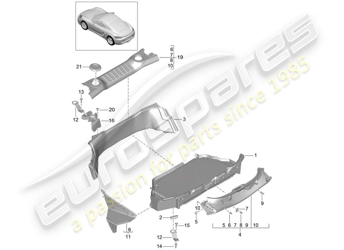porsche 2020 (718 cayman) doublure de botte schéma des pièces