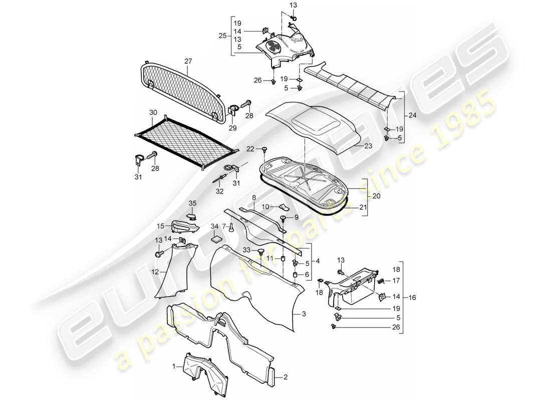porsche 2007 (987 cayman) schéma des pièces des garnitures