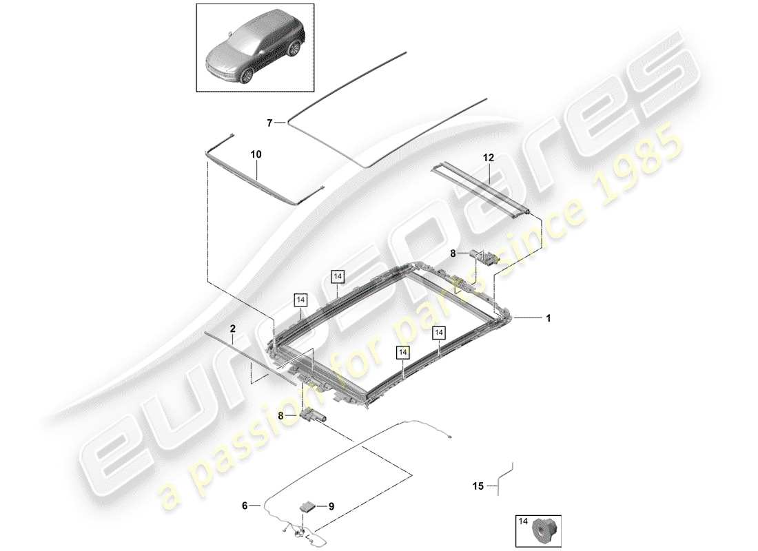 porsche 2020 (cayenne e3 9ya/9yb) schéma des pièces du toit en verre