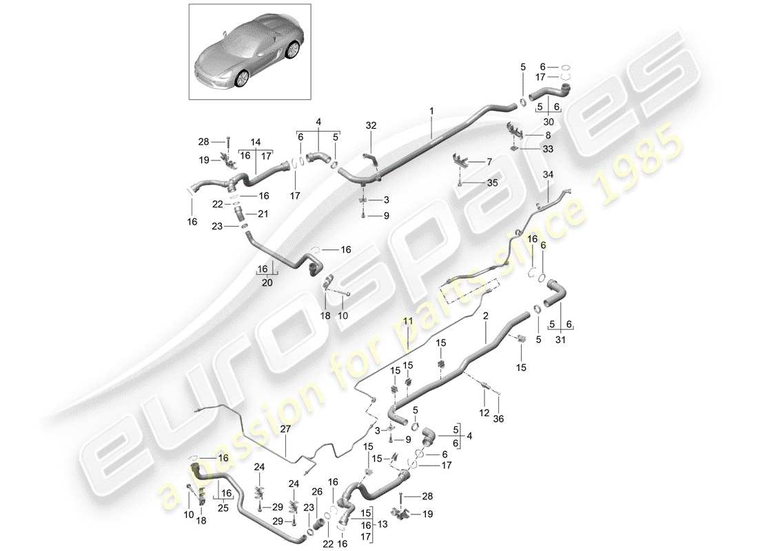 porsche 2016 (981 boxster spyder) refroidissement par eau 1 schéma des pièces