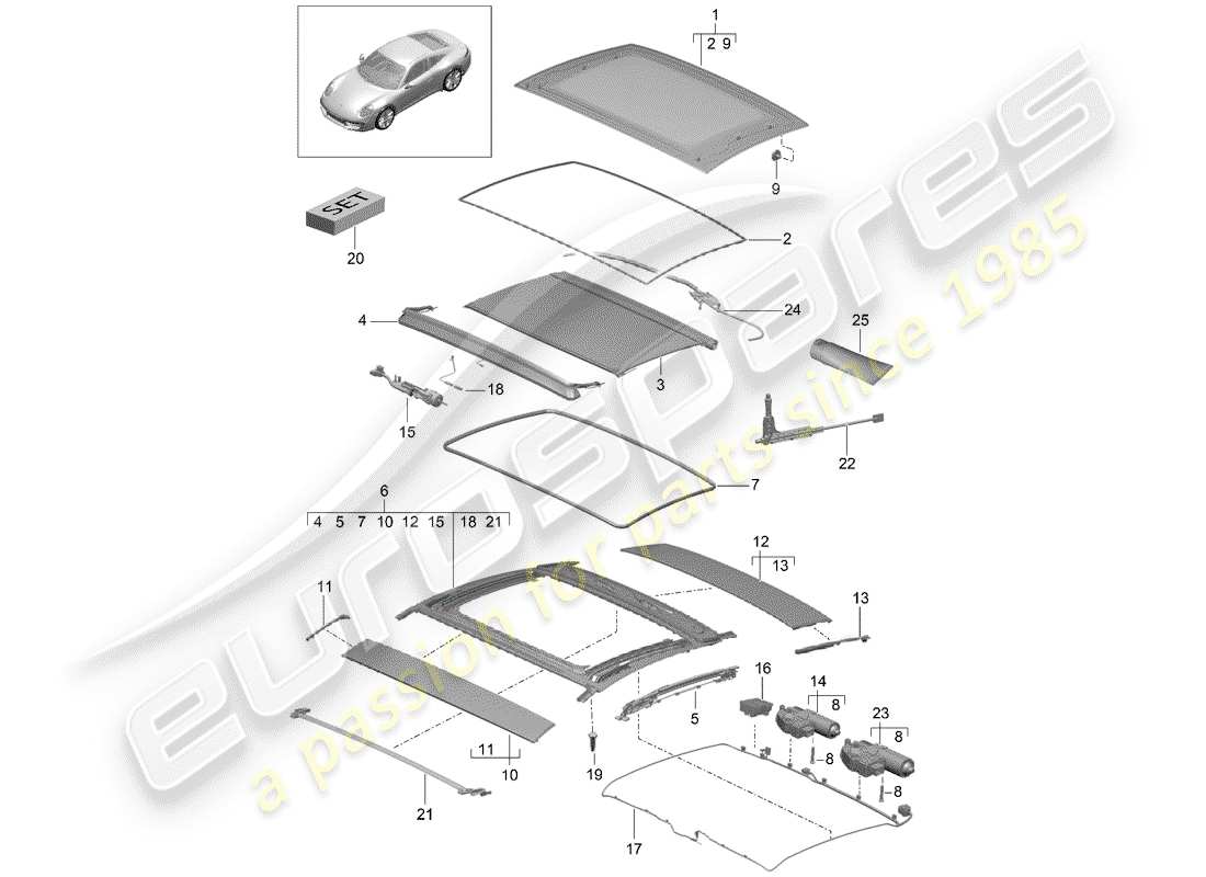 porsche 2012 (991-1) toit en verre schéma des pièces