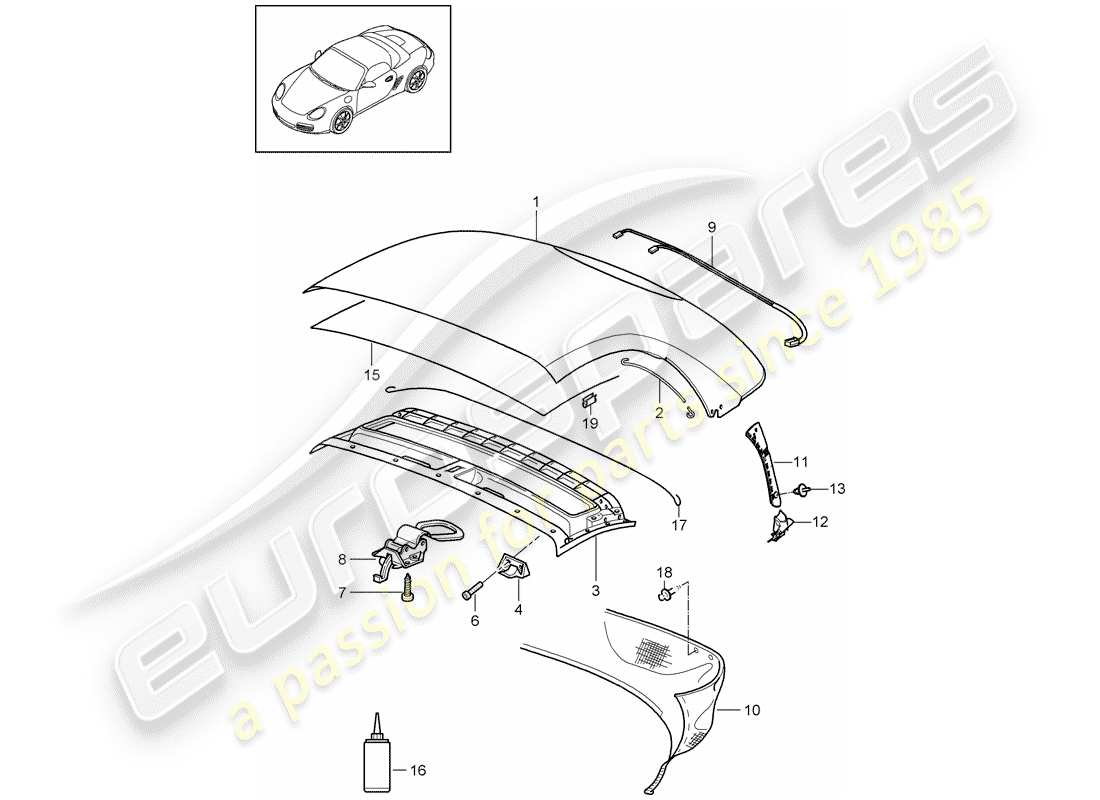 porsche 2009 (987 boxster) couvercle supérieur convertible schéma des pièces