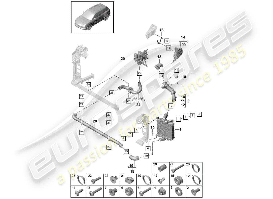 porsche 2018 (cayenne e3 9ya/9yb) refroidisseur d'air schéma des pièces