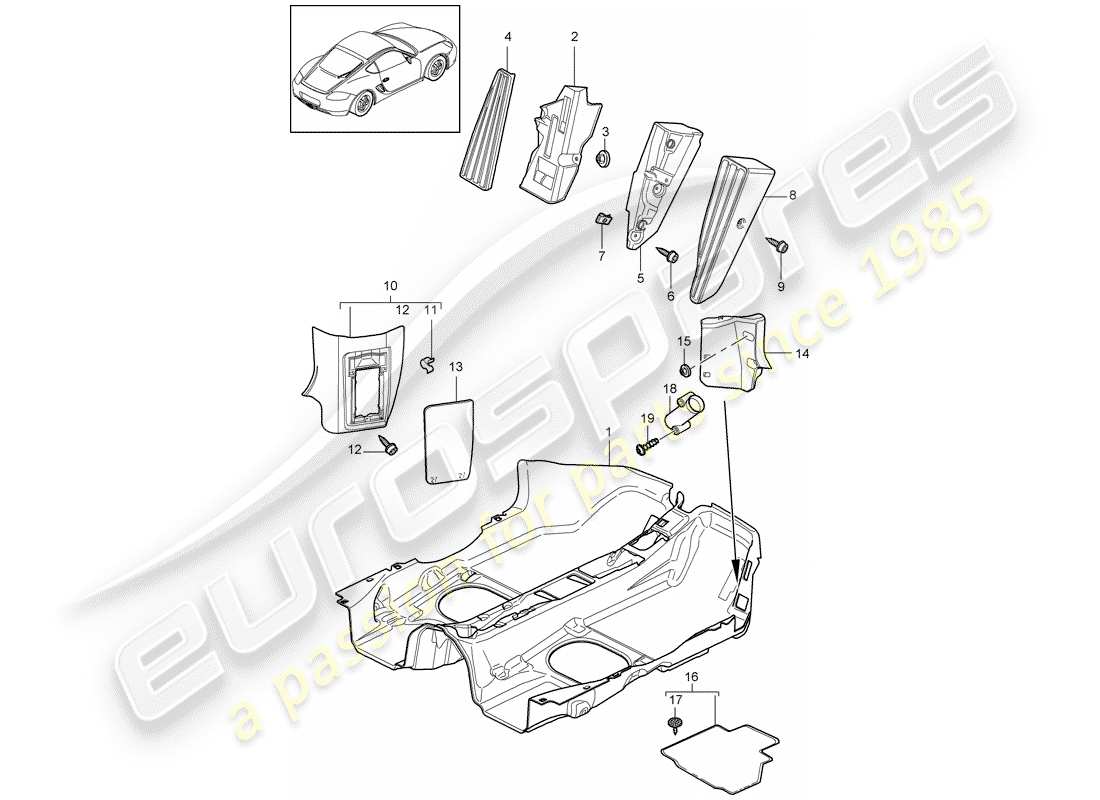 porsche 2009 (987 cayman) équipement intérieur schéma des pièces