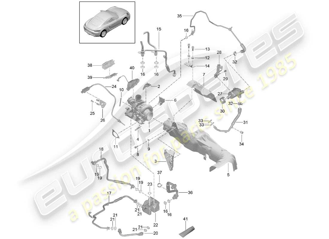 porsche 2020 (718 cayman) turbocompresseur de gaz d'échappement schéma des pièces