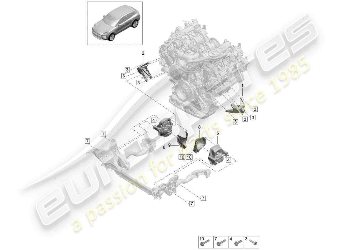 porsche 2019 (macan) attaque de levage du moteur schéma des pièces