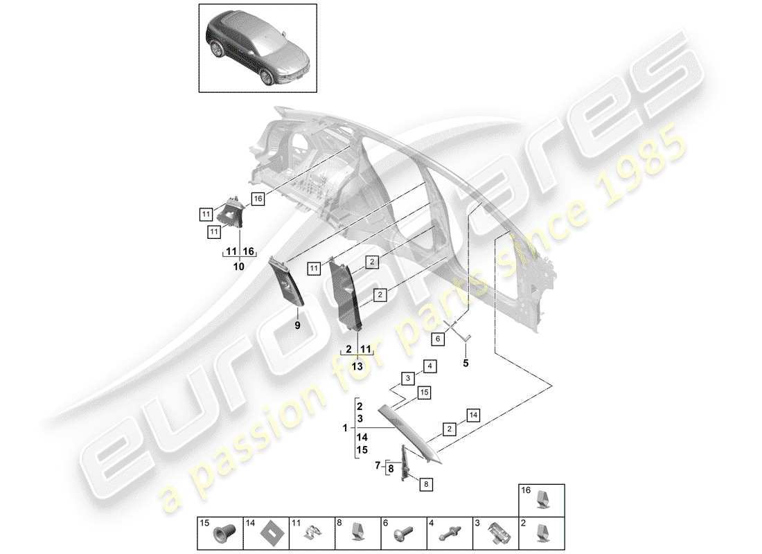 porsche 2020 (cayenne e3 9ya/9yb) garniture de pilier schéma des pièces