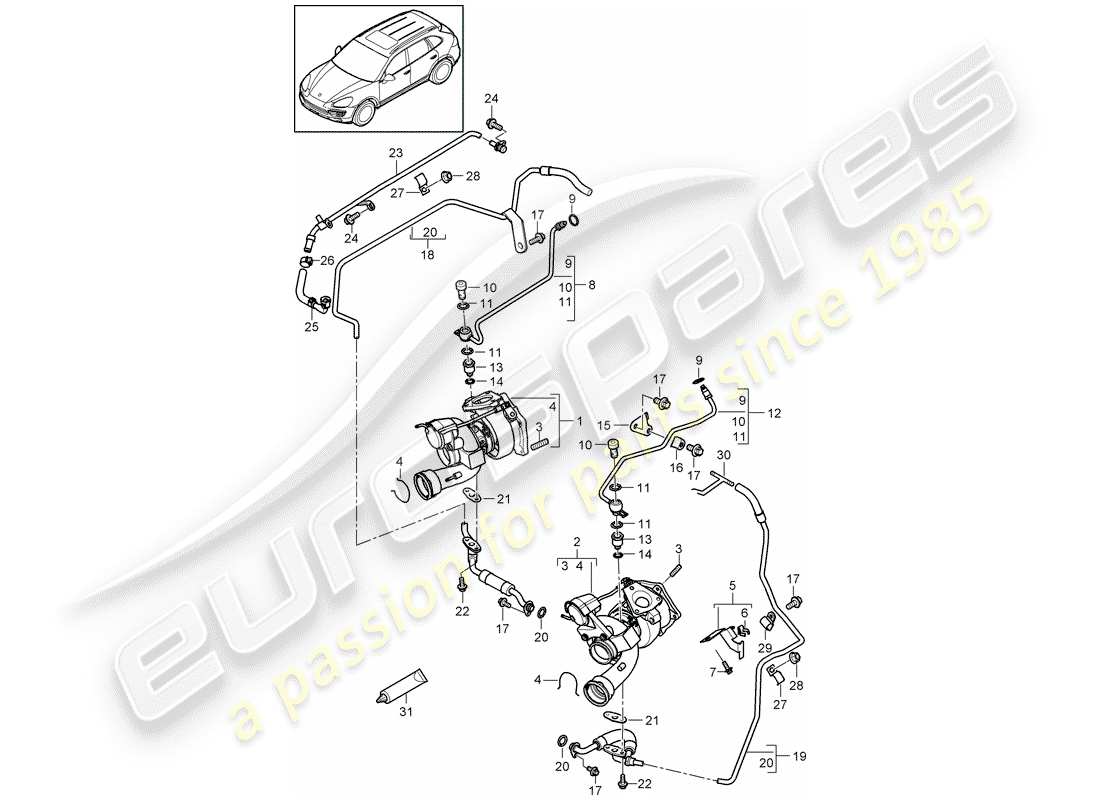 porsche 2018 (cayenne e2 92a) turbocompresseur de gaz d'échappement schéma des pièces