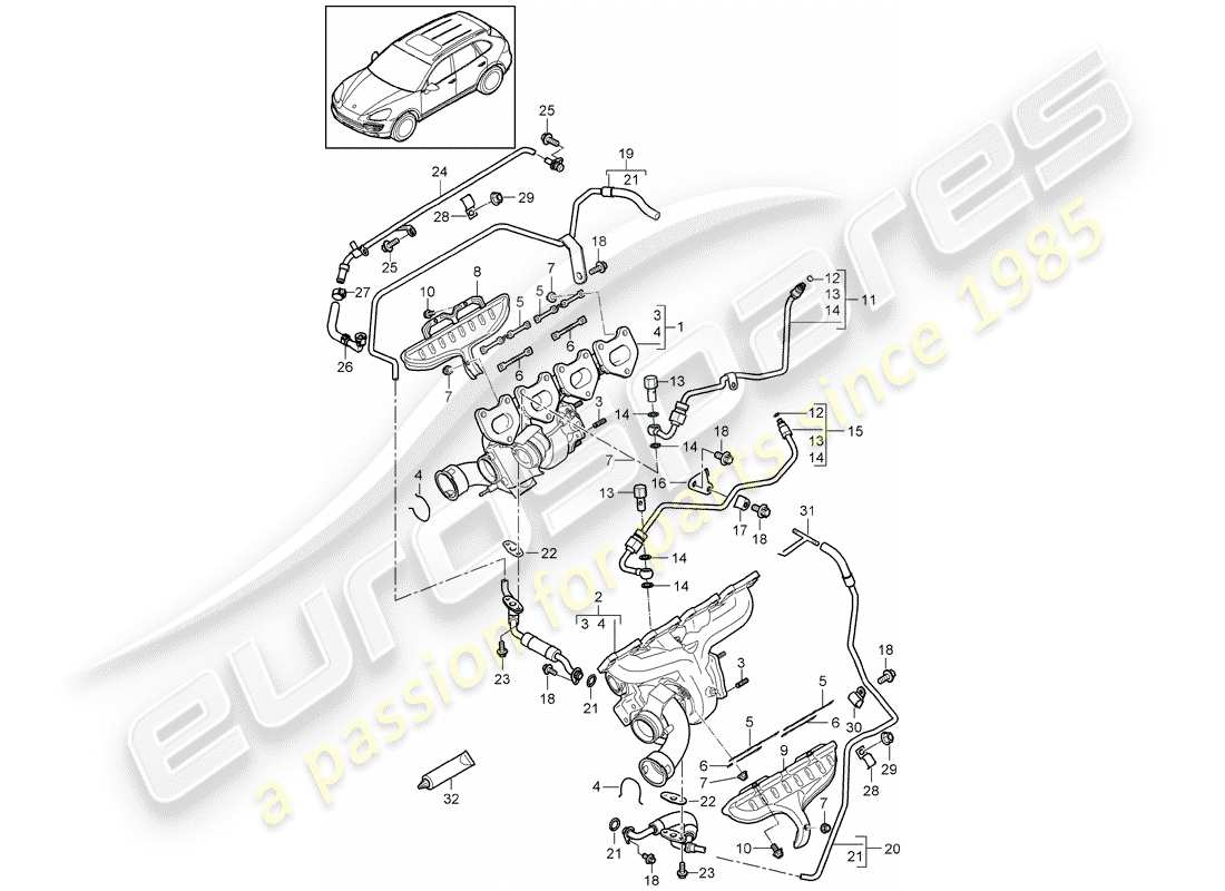 porsche 2011 (cayenne e2 92a) turbocompresseur de gaz d'échappement schéma des pièces