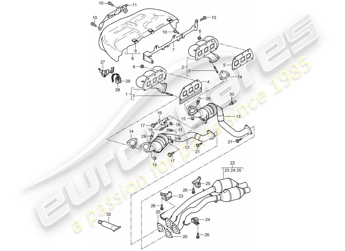 porsche 2008 (cayenne e1 9pa) système d'échappement schéma des pièces