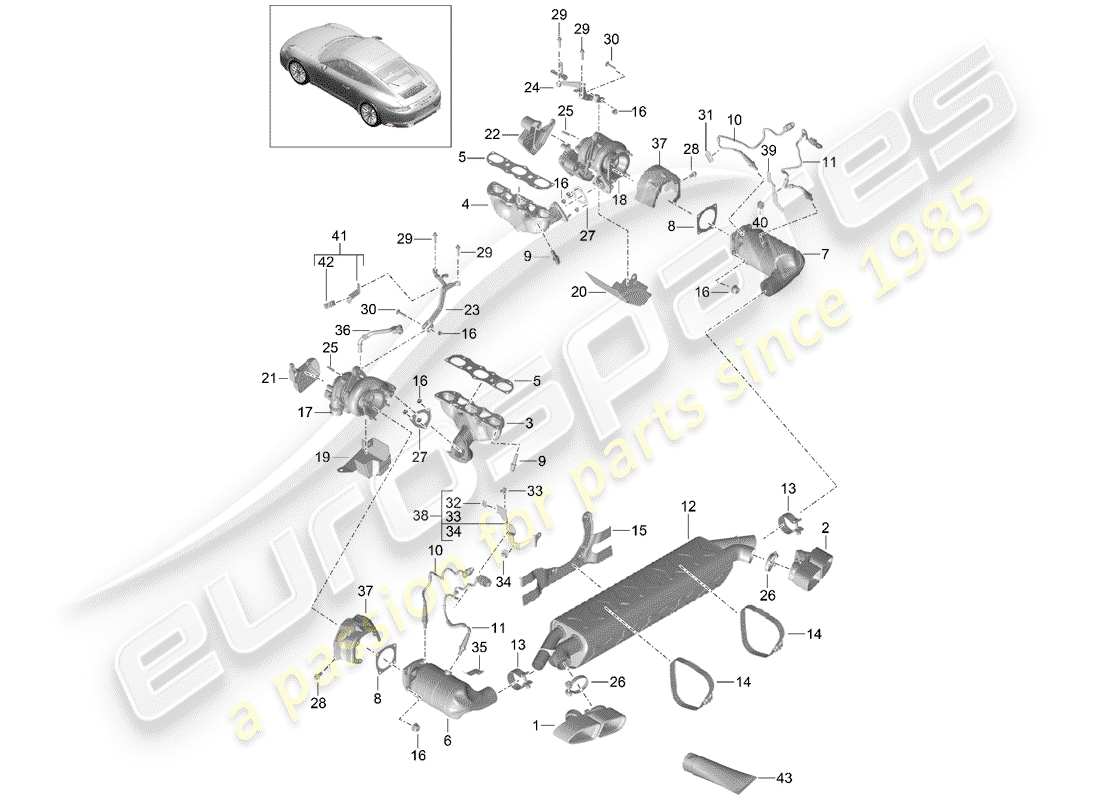 porsche 2019 (991-2 turbo) système d'échappement schéma des pièces