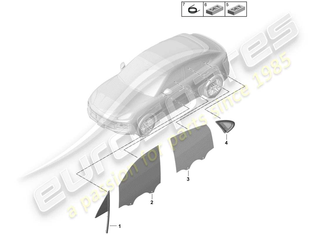 porsche 2020 (cayenne e3 9ya/9yb) fenêtre latérale schéma des pièces