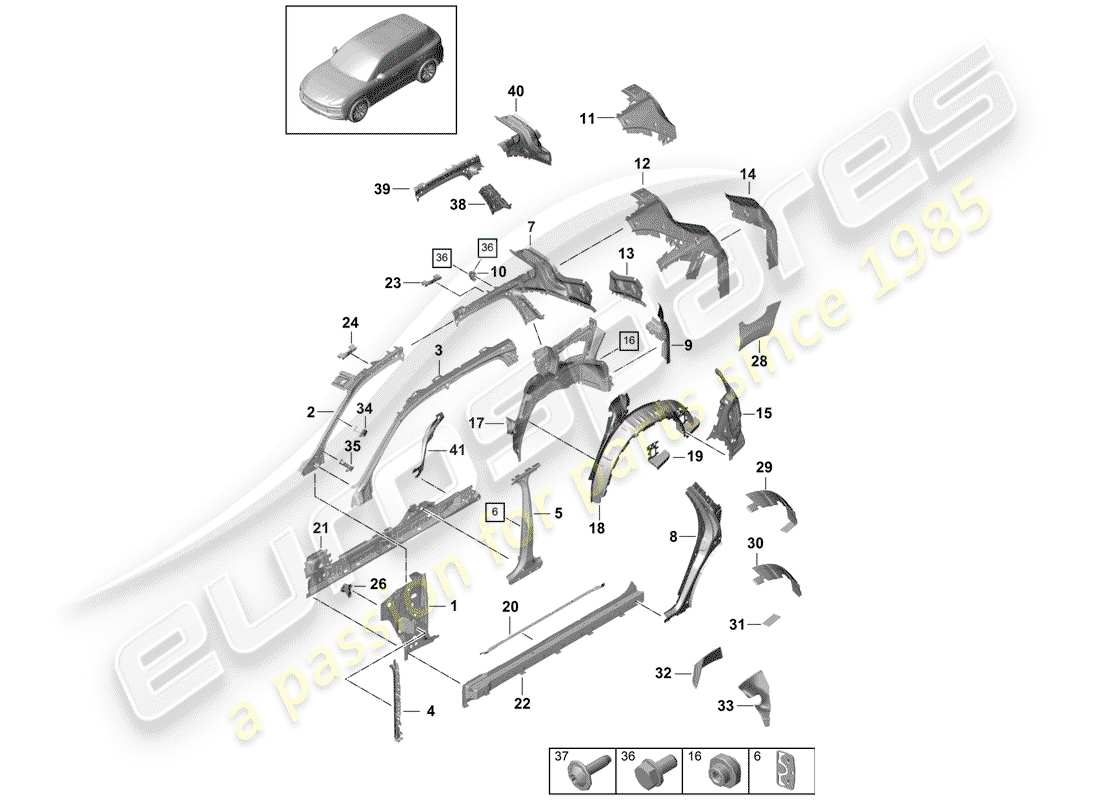 porsche 2020 (cayenne e3 9ya/9yb) panneau latéral schéma des pièces