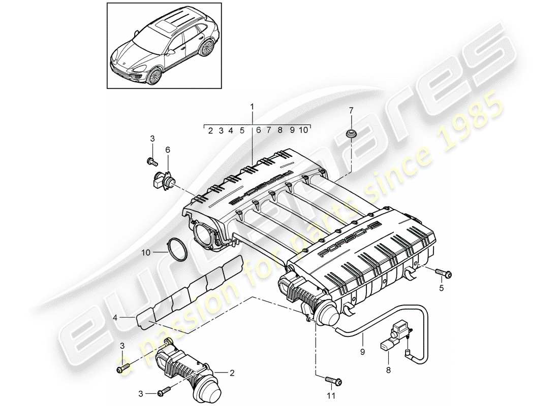 porsche 2011 (cayenne e2 92a) collecteur d'admission schéma des pièces