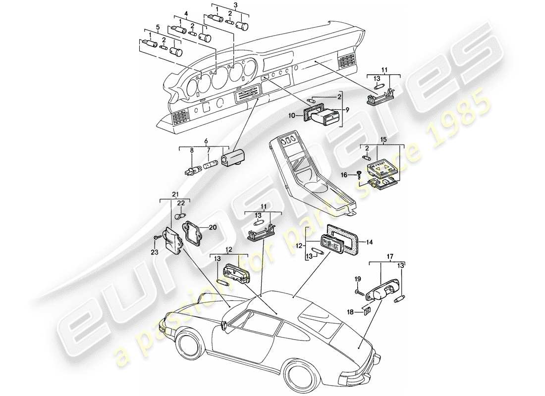 porsche 1989 (911) lumières intérieures schéma des pièces