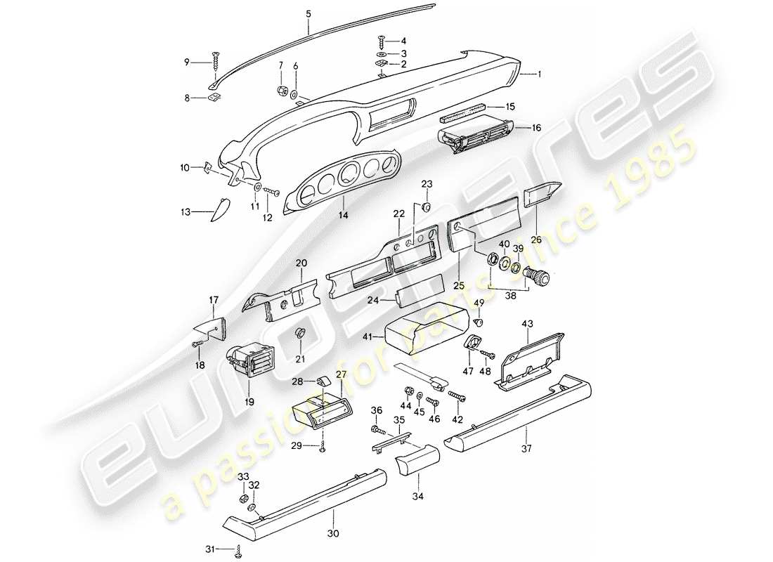 porsche 1998 (993) tableau de bord - garniture de genouillères - pour voitures sans - airbag - (côté passager) schéma des pièces