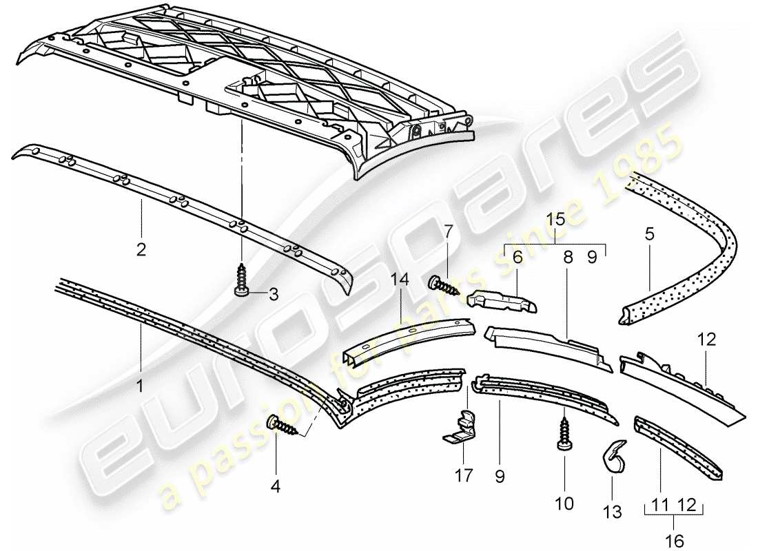 porsche 2001 (996) dessus convertible - bande d'étanchéité diagramme des pièces