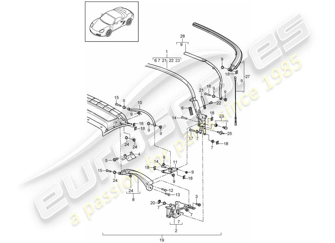 porsche 2005 (987 boxster) diagramme des pièces du cadre supérieur