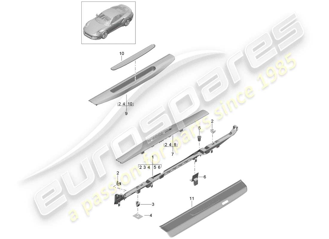 porsche 991 turbo (2017) diagramme des pièces de doublure
