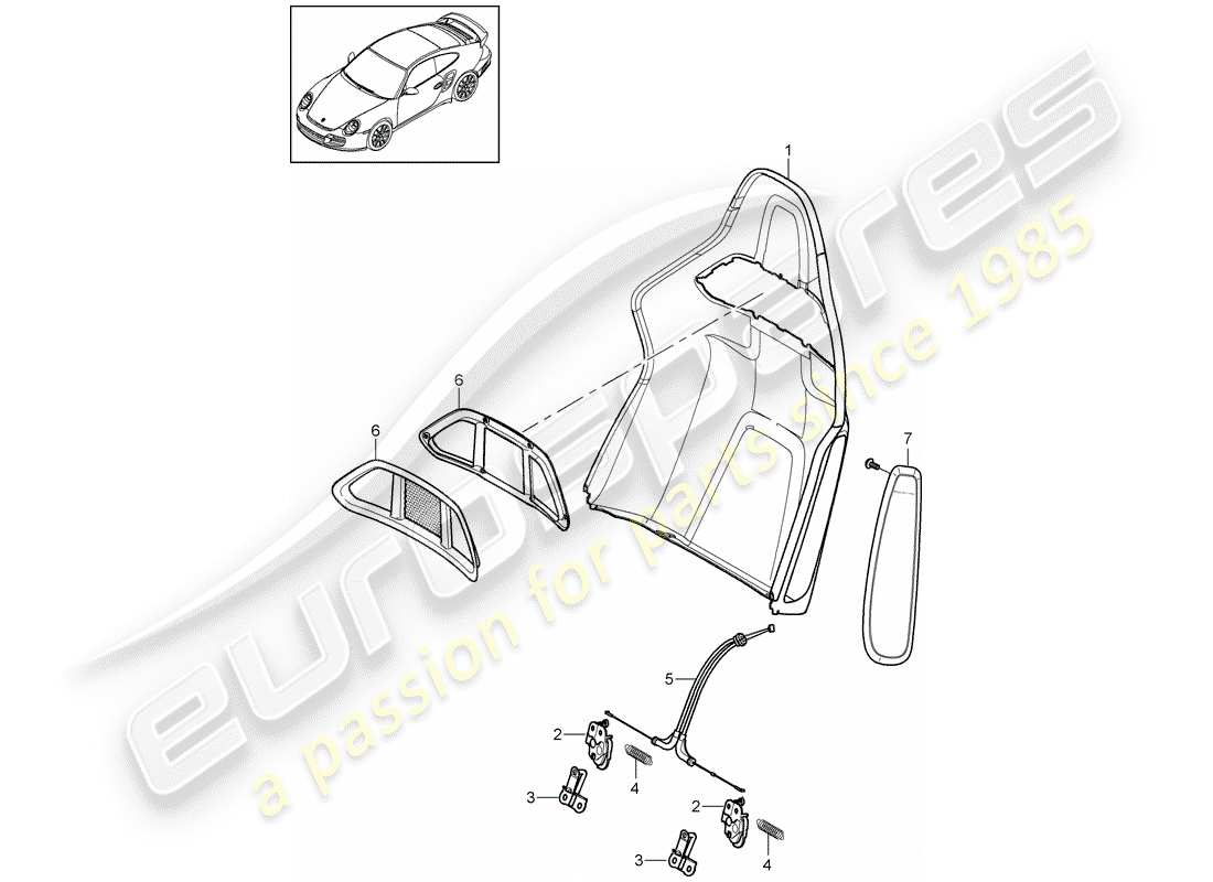 porsche 2011 (997-2 turbo / gt2 rs) coque de dossier schéma des pièces